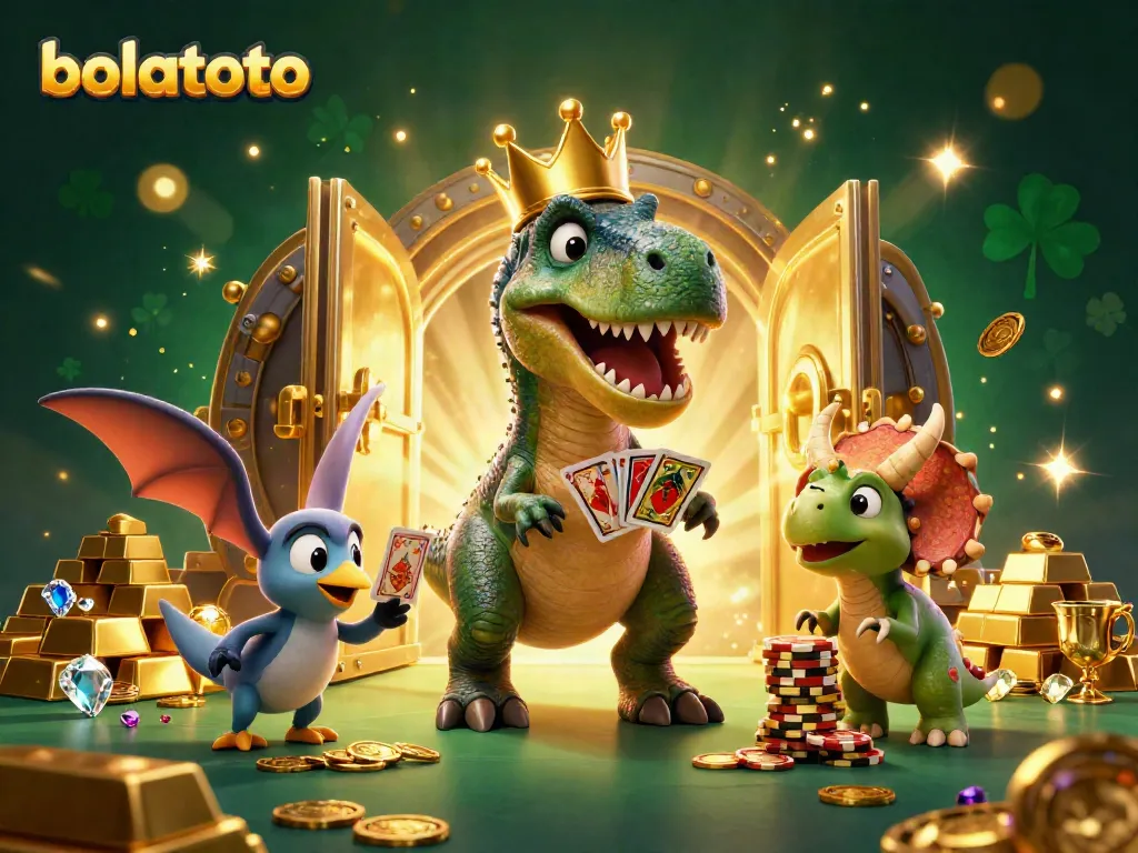 Experience the excitement of bolatoto with a friendly T-Rex shuffling cards and chipping away at jackpots surrounded by treasures.