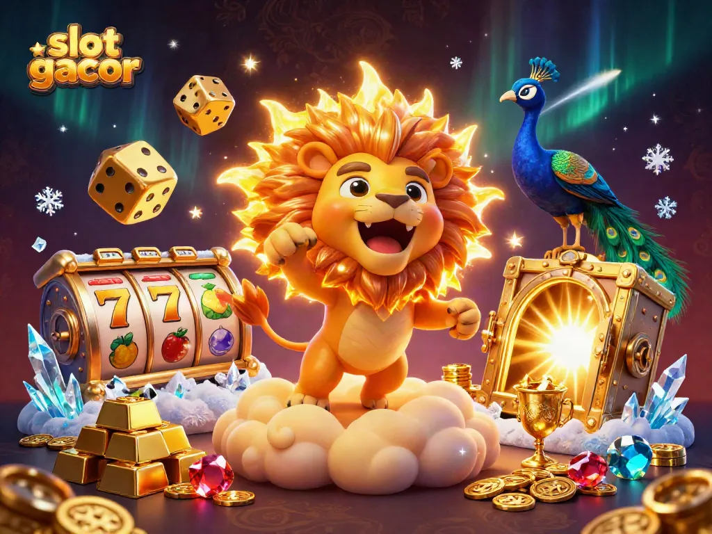 Visualisasi menarik tentang slot gacor dengan karakter singa dan elemen kasino menarik yang mengelilingi mereka.