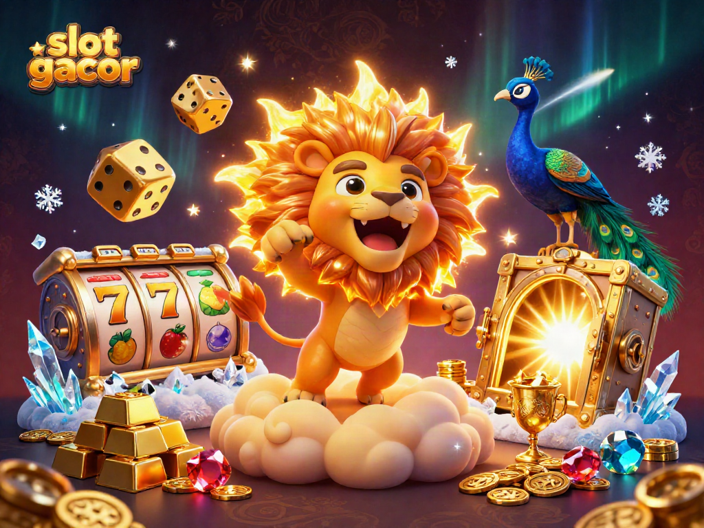 Visualisasi menarik tentang slot gacor dengan karakter singa dan elemen kasino menarik yang mengelilingi mereka.