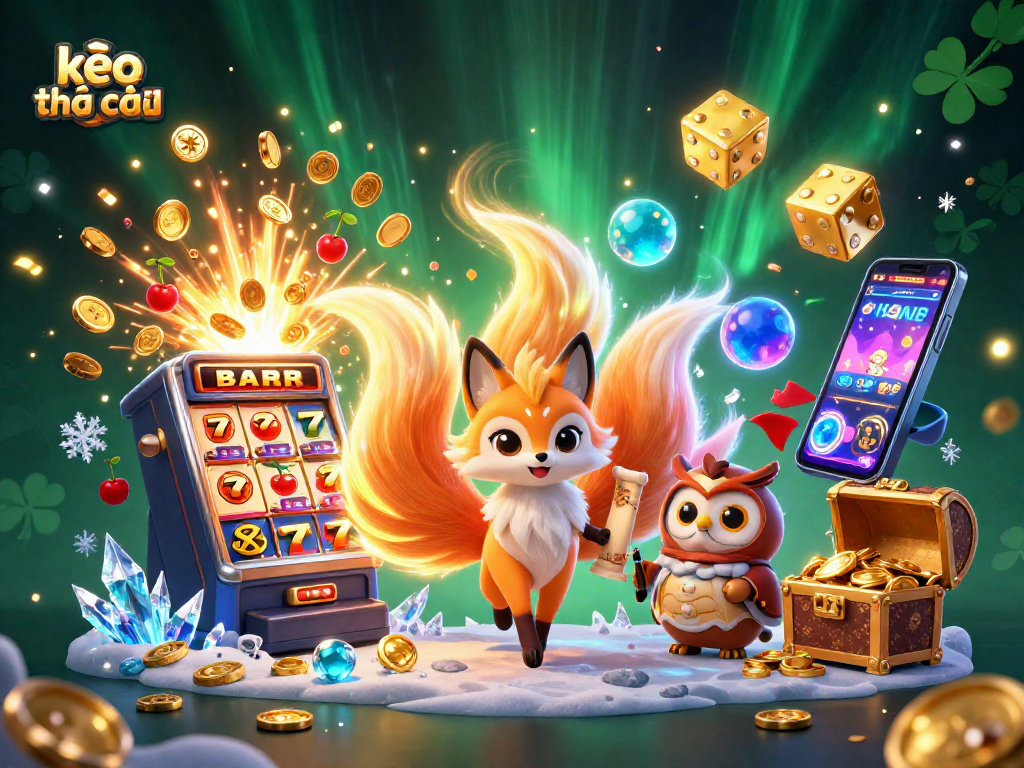 Engaging kèo nhà cái illustration with a nine-tailed fox and vibrant casino elements bursting with energy.