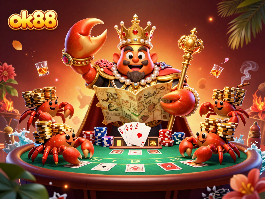 Explore winnings at ok88 with a splendid golden crab emperor and vibrant poker elements in a colorful casino scene.