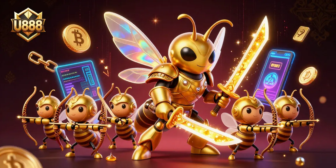 Engage with U888's dynamic gaming scene, featuring captivating golden hornet characters and cryptocurrency elements.