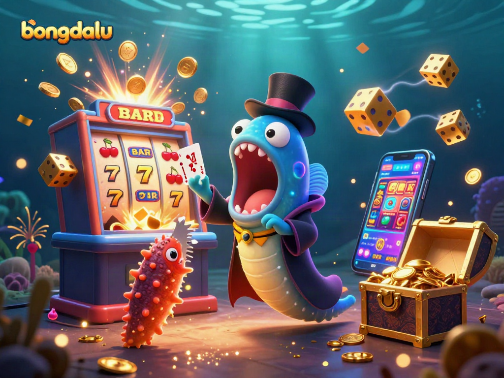 Bongdalu brings excitement with a vivid underwater scene showcasing a magical eel, anglerfish, and sea cucumber performing with colorful casino elements.