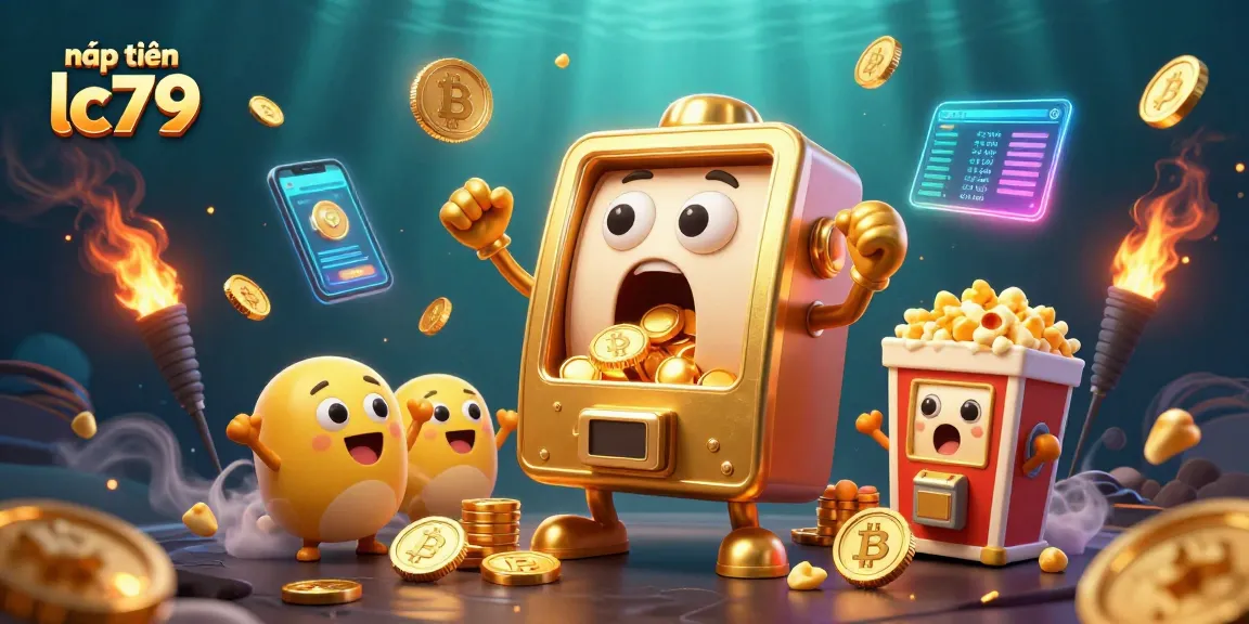 Nạp tiền LC79 với máy tiến thưởng đang ăn mừng jackpot, rất nhiều biểu tượng tiền tệ sáng bóng xung quanh.