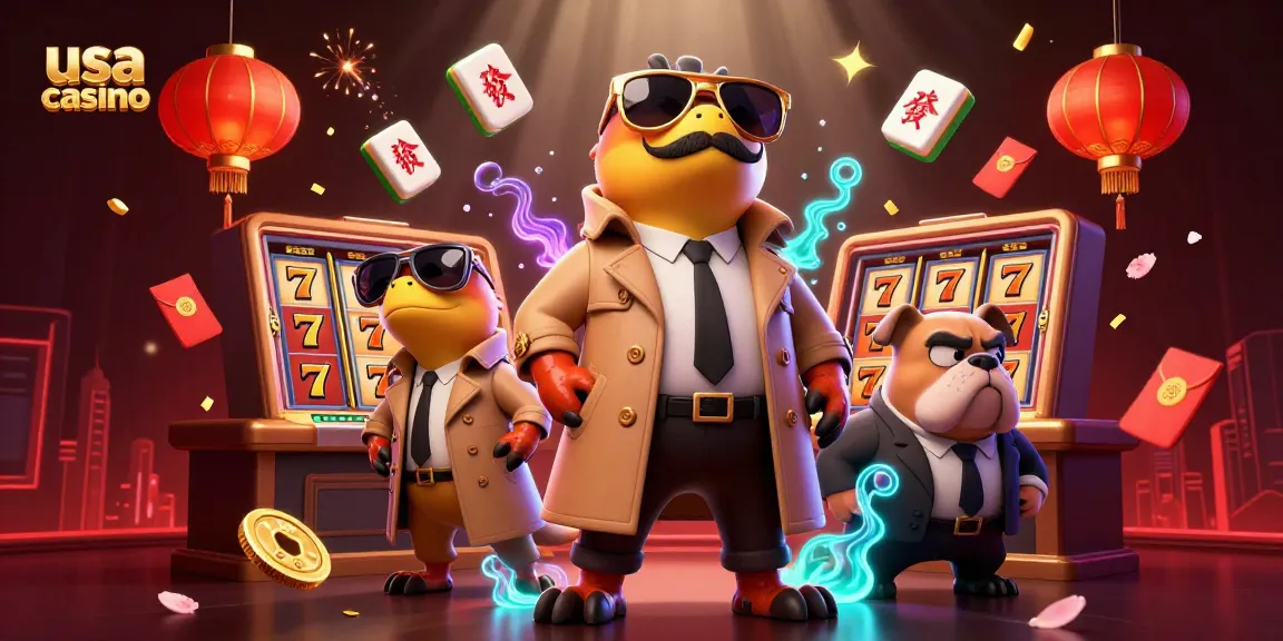 Engaging scene featuring raptors in a trench coat entering a usa casino, amidst floating slot reels and festive decorations.