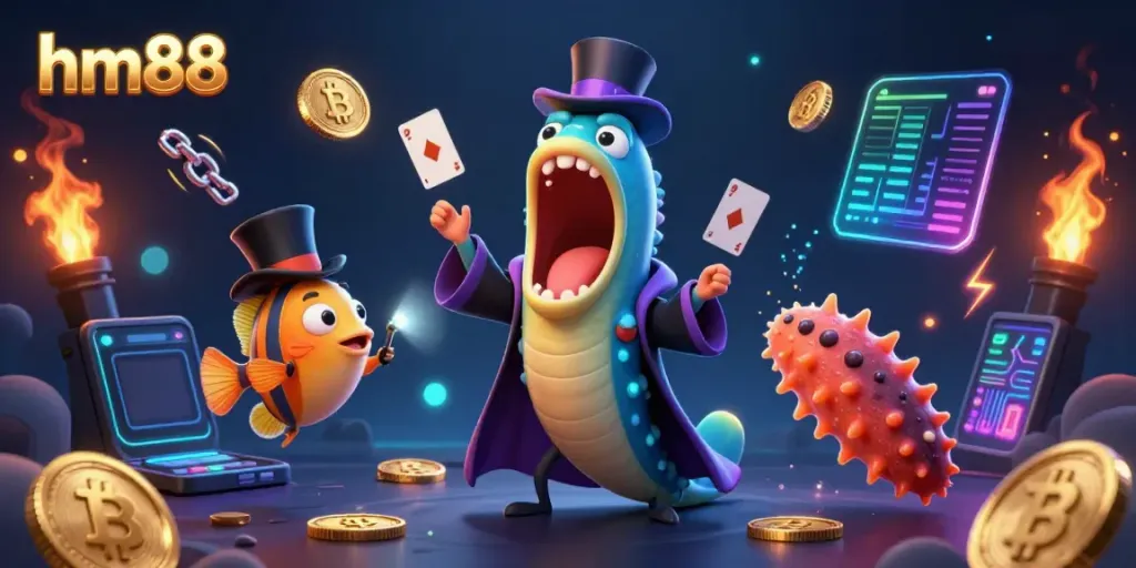 Experience the magic at hm88 with a 3D cartoon deep-sea casino scene featuring enchanting creatures and crypto coins.