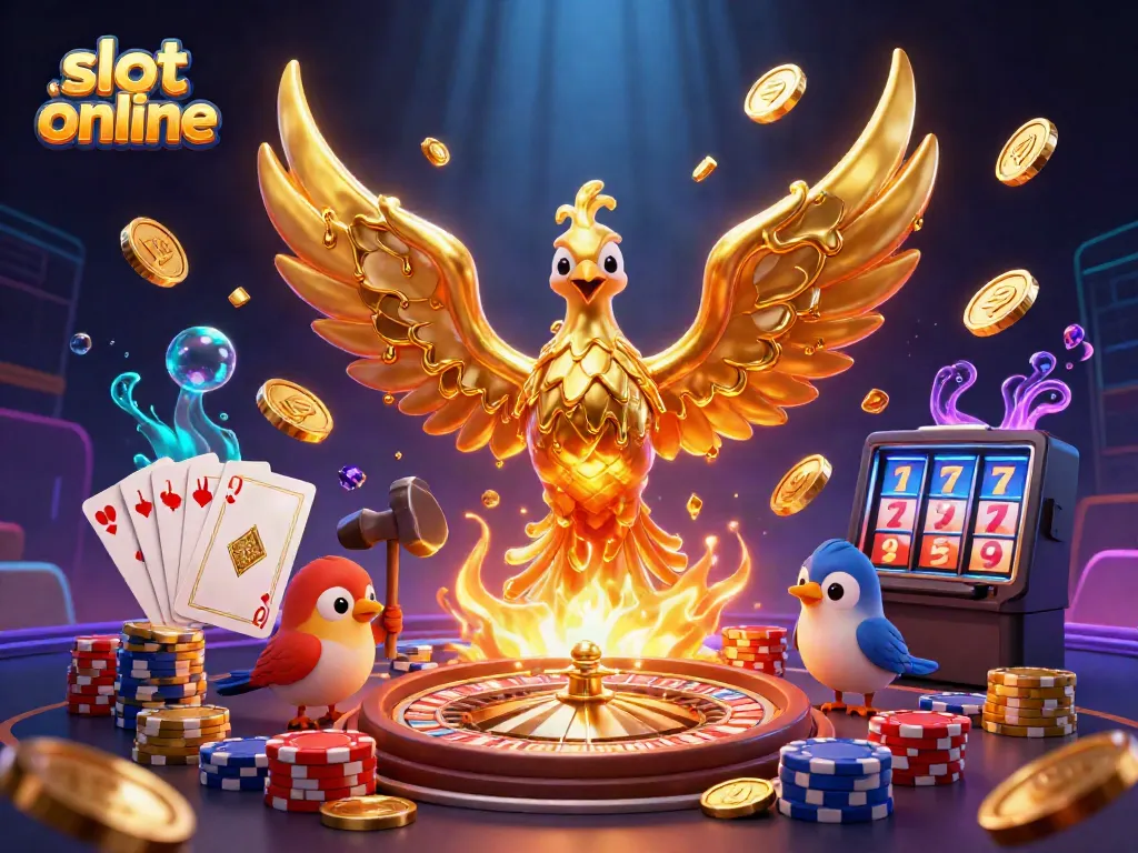 Experience the thrill of slot online with a molten metal phoenix surrounded by cascading coins and vibrant casino elements.