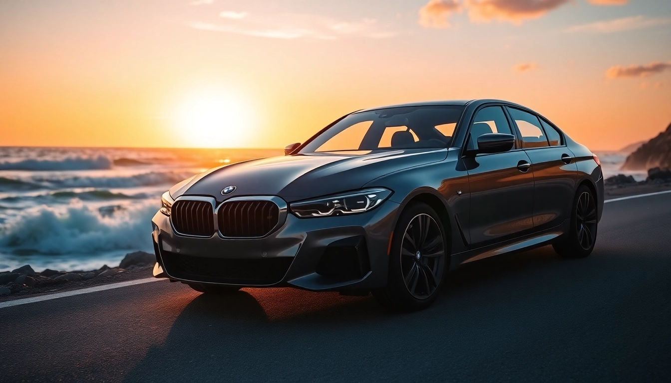 Showcasing a luxury BMW car driving along a scenic coastal road at sunset.