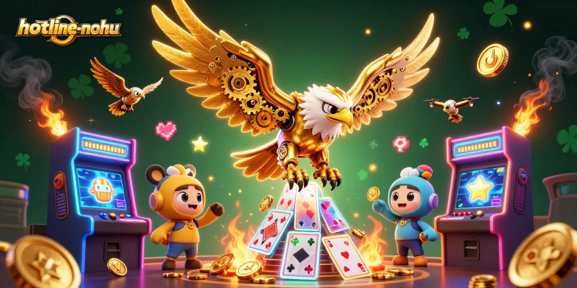 Engage in thrilling gameplay with hotline-nohu as cybernetic eagle soars through vibrant arcade scene filled with excitement.
