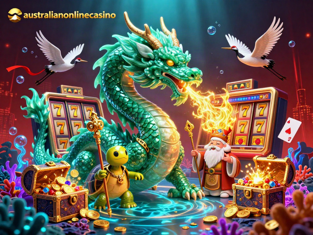 Experience thrilling gameplay with the australianonlinecasino jade dragon and lucky cranes in a vibrant casino scene.