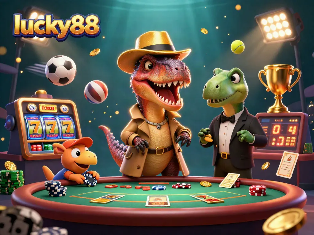 Experience thrilling gameplay at lucky88 with colorful slot reels, dinosaurs, and rich casino elements.