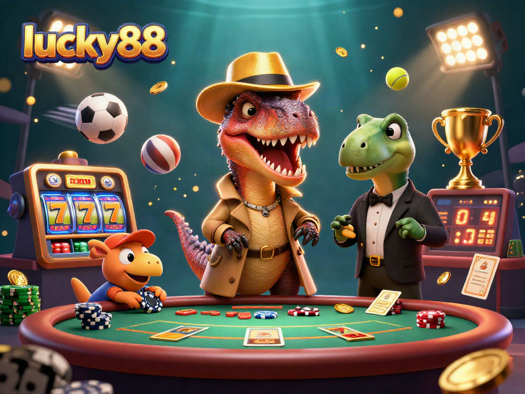 Experience thrilling gameplay at lucky88 with colorful slot reels, dinosaurs, and rich casino elements.
