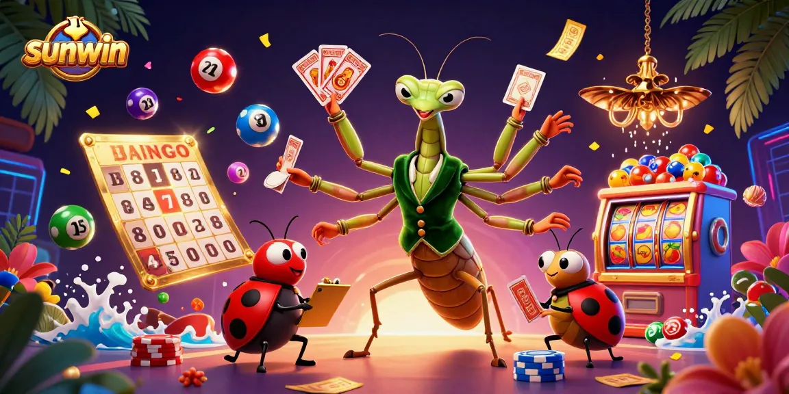 sunwin's vibrant casino scene features a giant praying mantis card sharp and exciting game elements.
