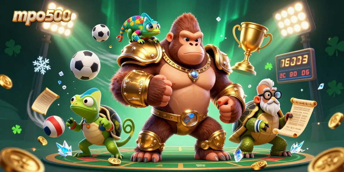 Experience the excitement of mpo500 with a powerful gorilla king, sports elements, and dynamic colors.