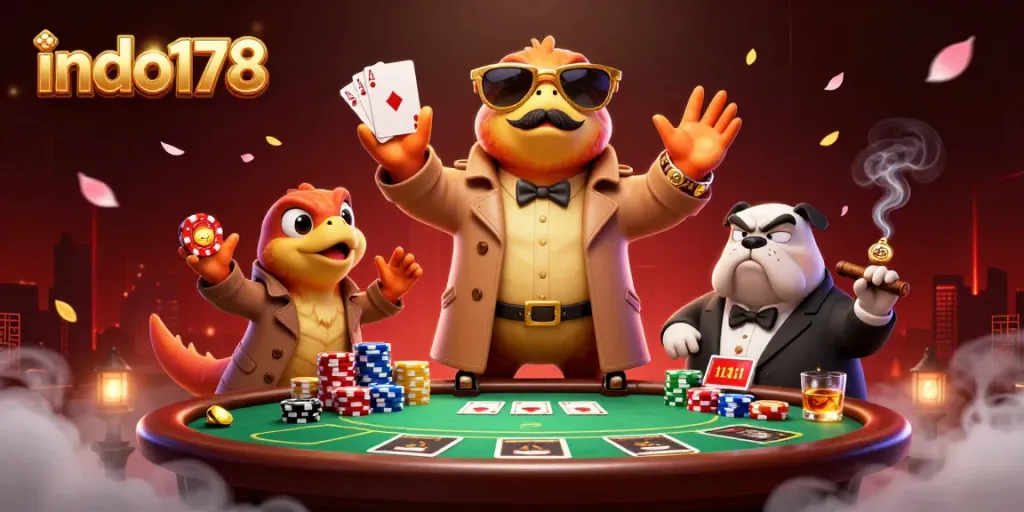 Experience fun with indo178 as three cartoon raptors hilariously attempt to enter a VIP casino lounge.