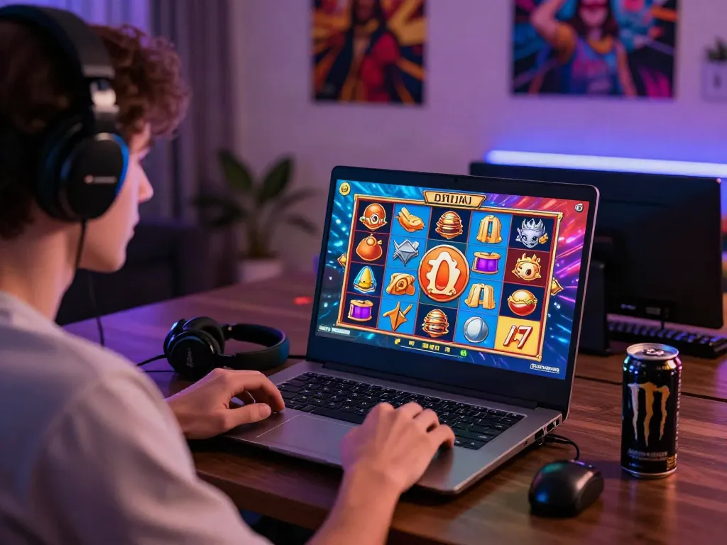 Player immersed in exciting slot online game with vibrant graphics, showcasing modern gaming atmosphere.
