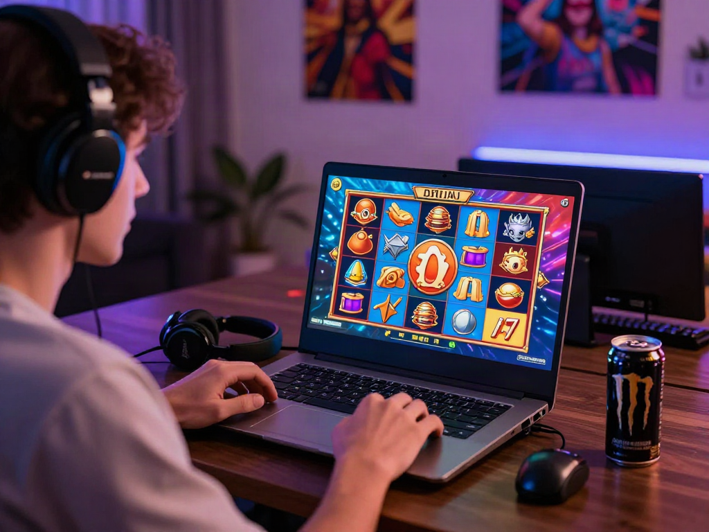 Player immersed in exciting slot online game with vibrant graphics, showcasing modern gaming atmosphere.