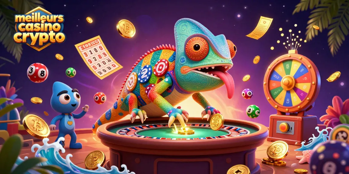 Découvrez les meilleurs casinos crypto avec des éléments dynamiques et captivants, dont une grenouille de casino colorée.
