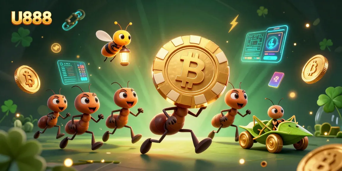 U888 showcases a thrilling dynamic scene with ants running a heist carrying a giant poker chip.