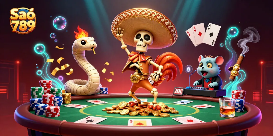 Sao 789 celebrates with a 3D mariachi rooster amidst poker elements, enhancing the gaming experience.