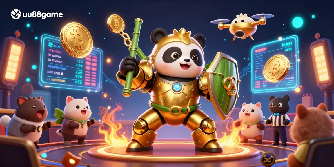 Experience the excitement of uu88game with a vibrant 3D illustration featuring a golden panda in a mech suit.