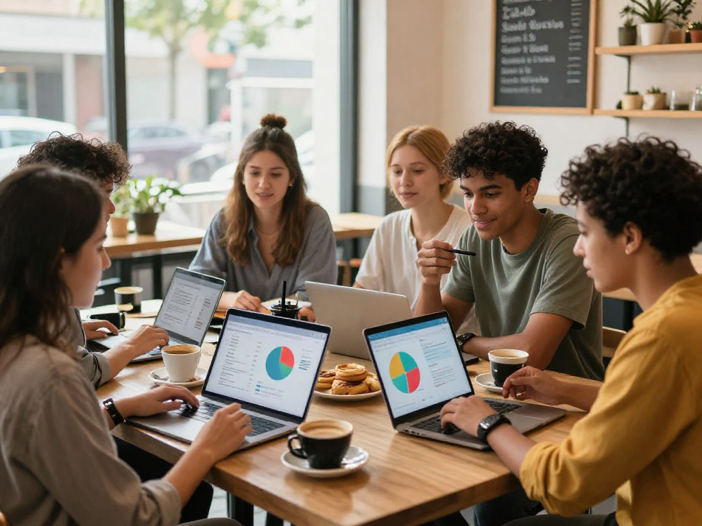 Business owners collaborating over a loyalty app in a cozy café, showcasing loyalty strategies with laptops and charts.