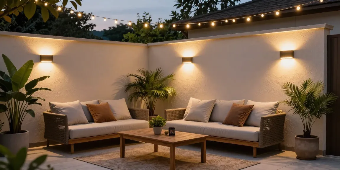 Aplica led exterior montată pe perete iluminând un patio elegant, creând o atmosferă confortabilă.