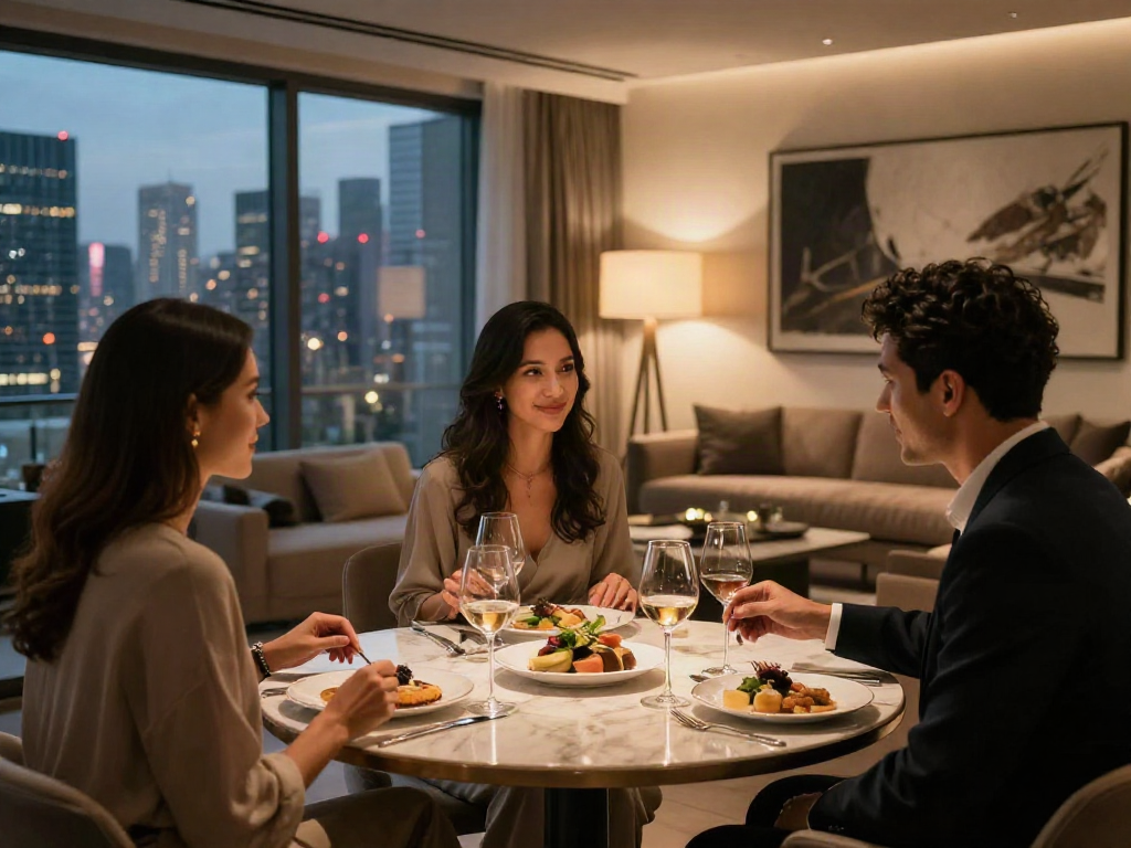 Pengalaman luxury111 di penthouse modern dengan makan malam mewah dan pemandangan kota.