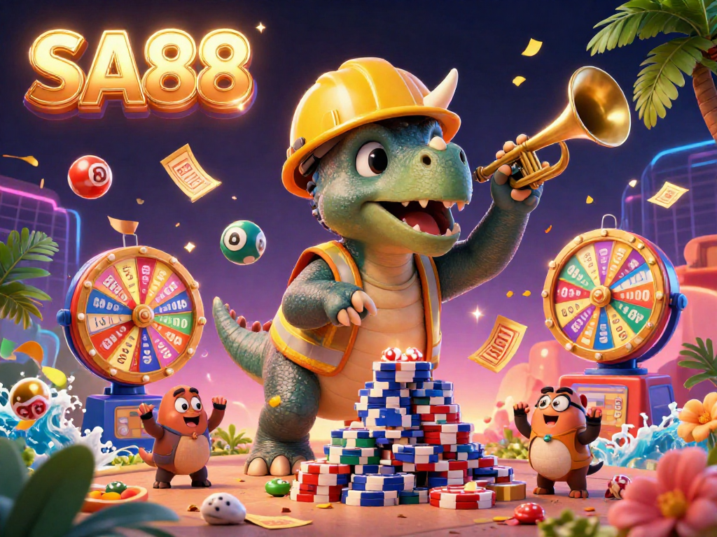SA88 presents a dynamic celebration of winning with 3D characters and colorful lottery elements in an exciting casino atmosphere.