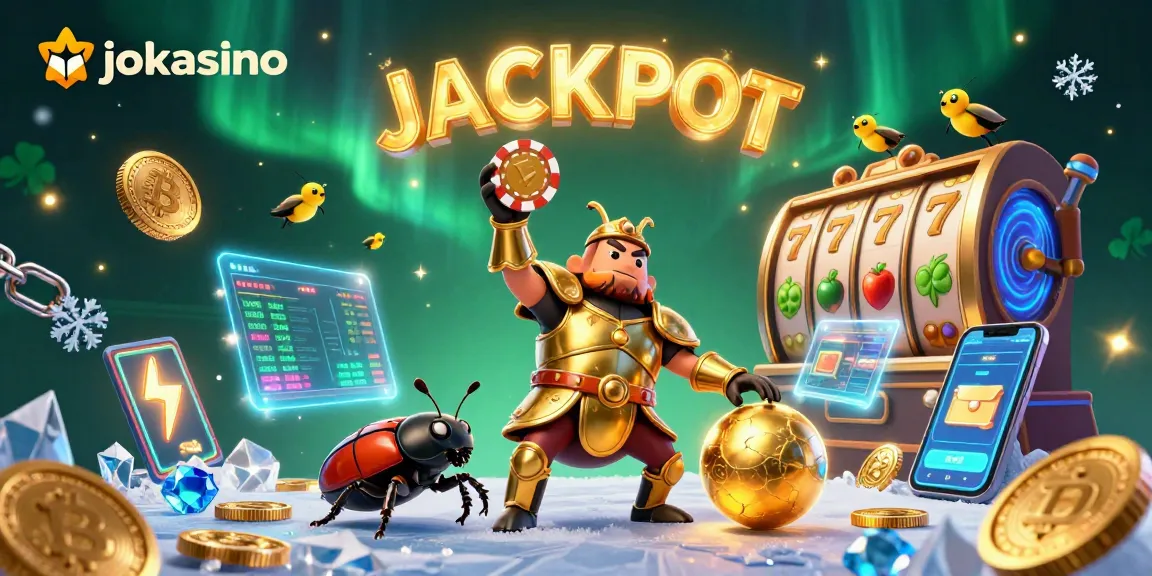 Win big at jokacasino with an action-packed scene featuring a victorious beetle and dynamic gaming elements.