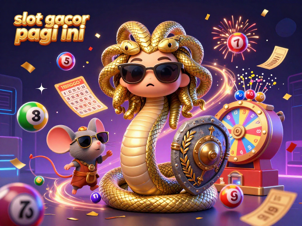 Engage with slot gacor pagi ini in a vibrant 3D casino scene featuring Medusa and a warrior mouse.
