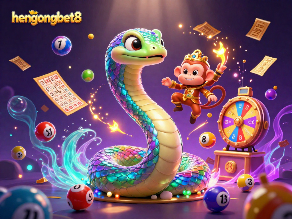 Engage with the vibrant world of hengongbet8 where the rainbow serpent and monkey king bring luck in a colorful lottery scene.