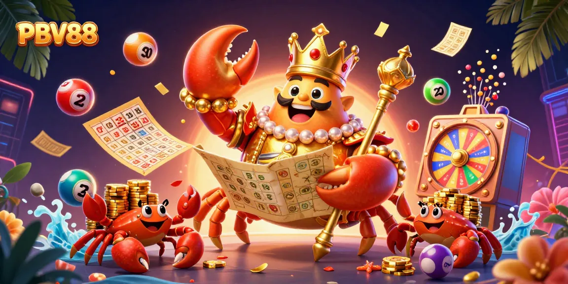 Engage in thrilling PBV88 online gambling with a vibrant 3D illustration of the golden crab emperor and playful lottery elements.