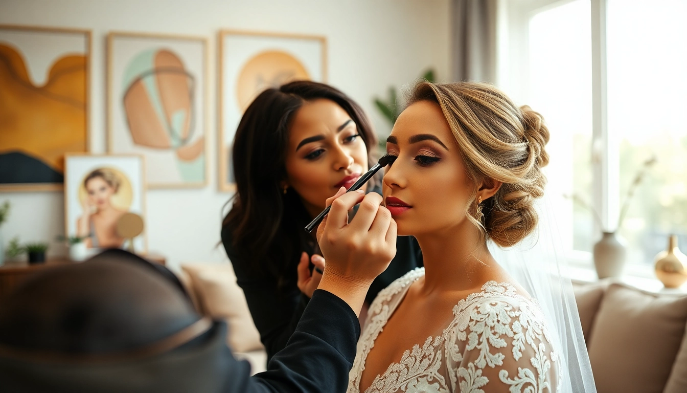 Mobile makeup artist Dallas TX providing a bridal makeup service in a stylish, well-lit interior.