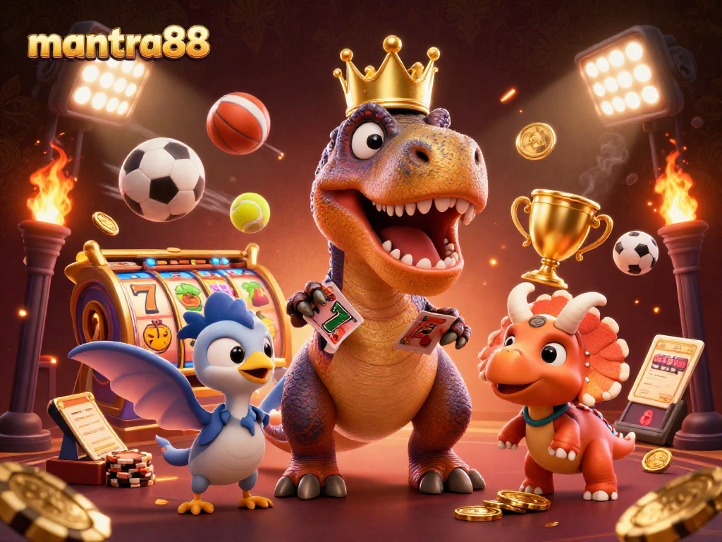 Engage with the vibrant mantra88 casino scene featuring animated characters shuffling cards.