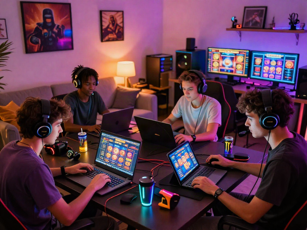 Exciting online gaming scene showcasing players enjoying slot jackpot games in a vibrant living room.
