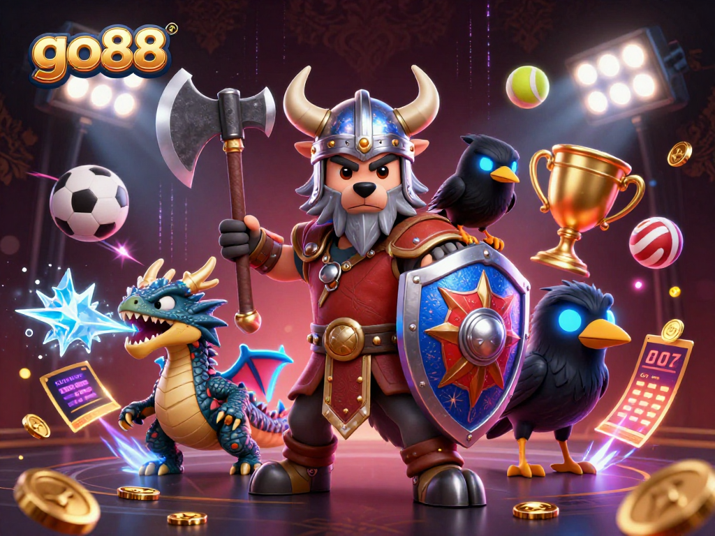 Engage with go88 by betting on thrilling sports with a Viking warrior, dragon, and coins!