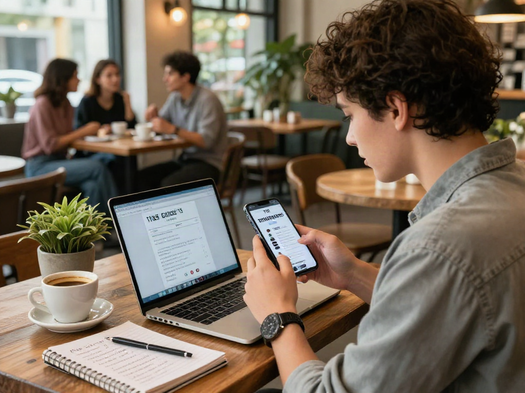 Young adult taking the test of attractiveness at a coffee shop, engaged with mobile app.