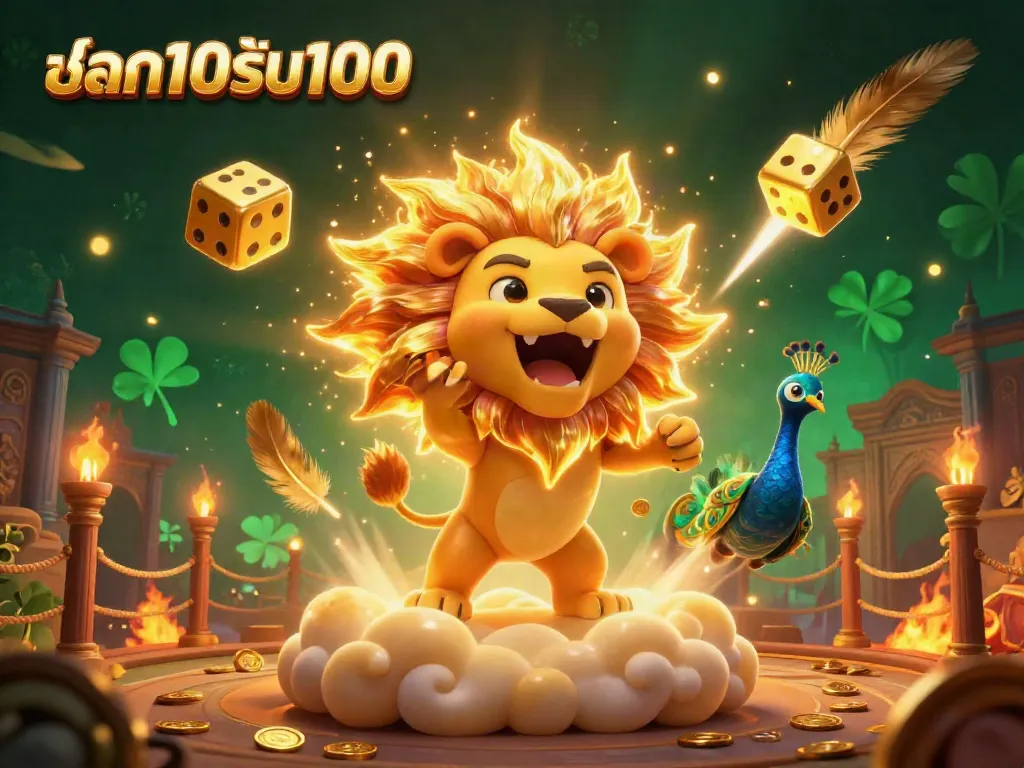 โปรโมชั่นฝาก10รับ100 ในบรรยากาศคาสิโนที่น่าตื่นเต้น พร้อมตัวละครและสัญลักษณ์เล่นเกม