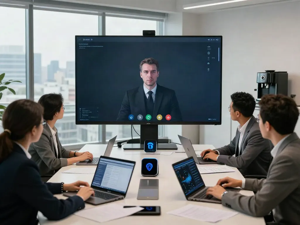 Deepfake-protected meetings showcasing a diverse team collaborating around a conference table with high-tech security displayed on a screen.