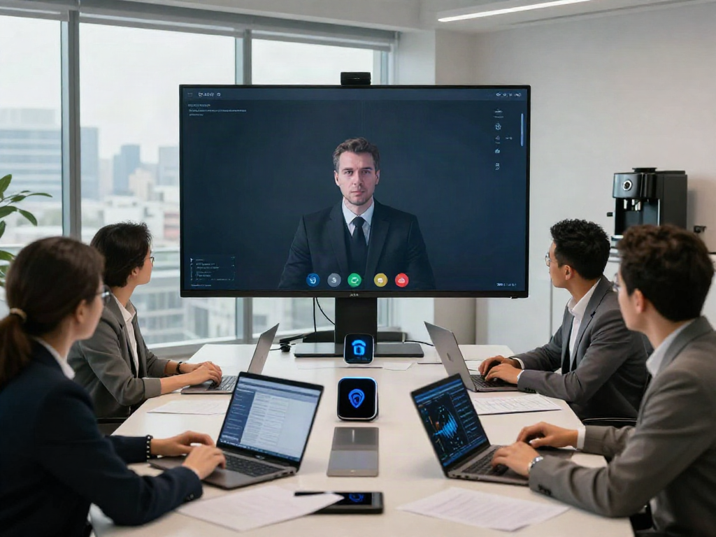 Deepfake-protected meetings showcasing a diverse team collaborating around a conference table with high-tech security displayed on a screen.