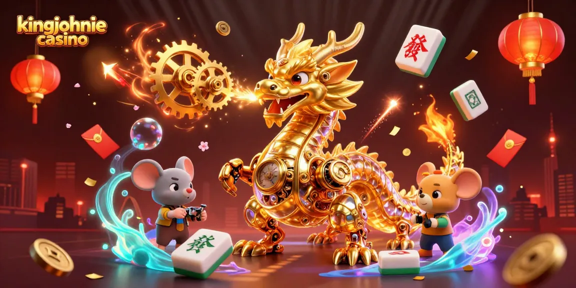 Experience the excitement at kingjohnnie casino with a biomechanical dragon surrounded by festive game elements.