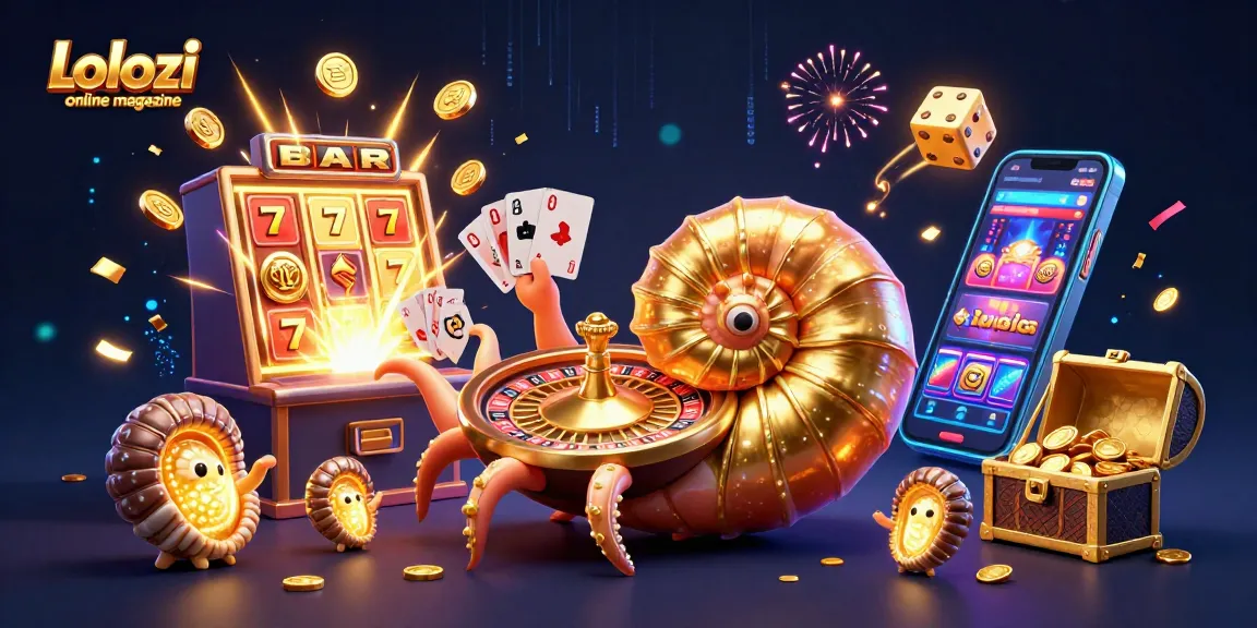Lolozi online magazine showcases a vibrant 3D casino scene with a giant nautilus roulette and slot machine explosion.