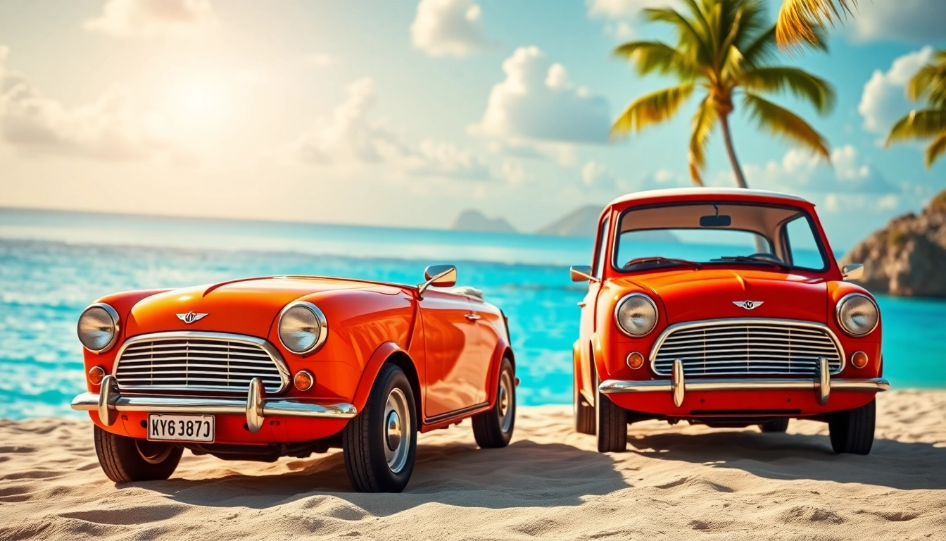 Experience the charm of st barths mini cooper rental against a stunning beach backdrop.