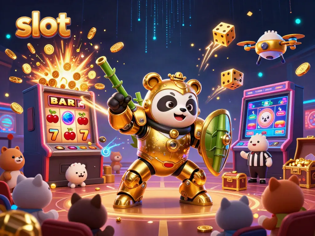 Experience vibrant slot excitement with a golden mech-suit panda amidst jackpot action