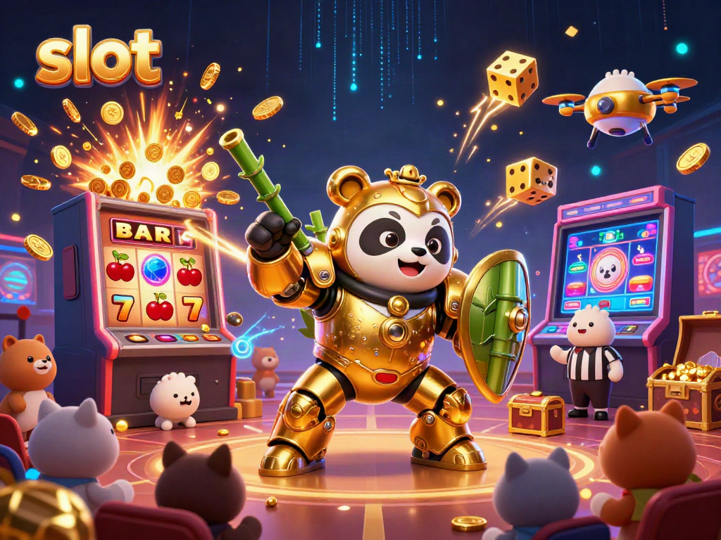 Experience vibrant slot excitement with a golden mech-suit panda amidst jackpot action