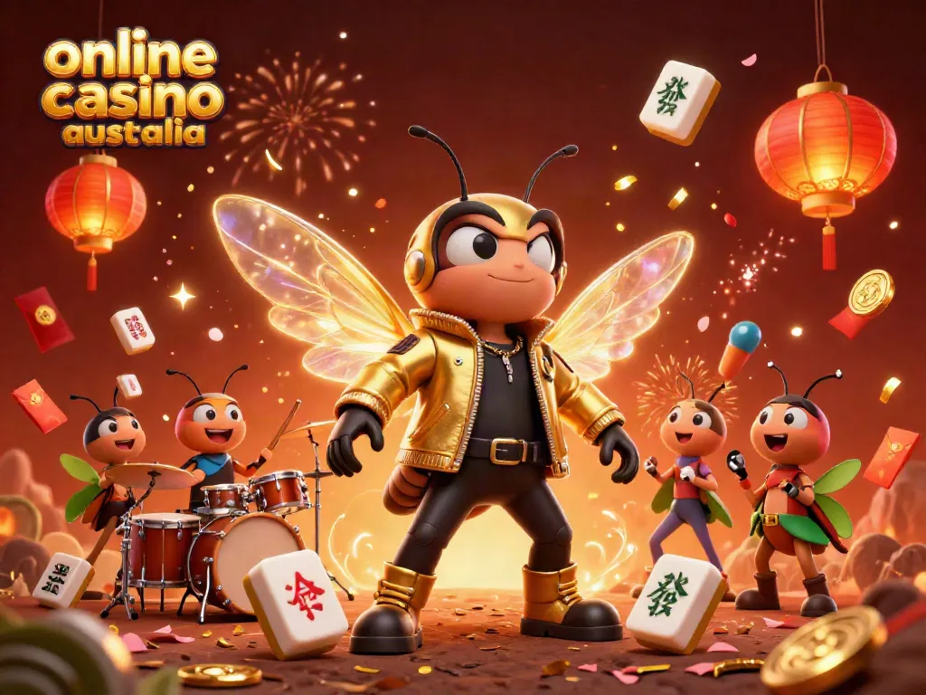 Engaging illustration of online casino Australia featuring a cicada rock star and vibrant casino elements.