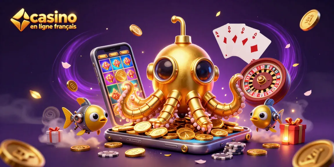 Jouez et gagnez au casino en ligne français avec un kraken et des pièces d'or plongeant dans l'excitation.