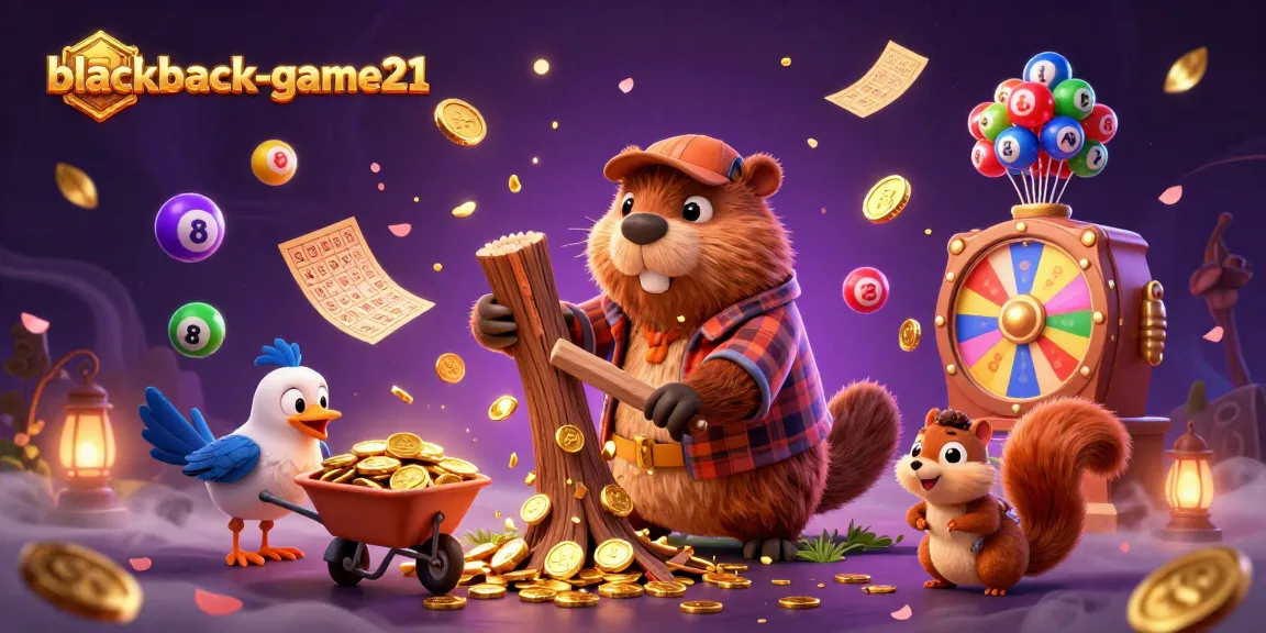 Experience the thrill of blackjack-game21 with a beaver, bird, and squirrel in a vibrant casino scene.