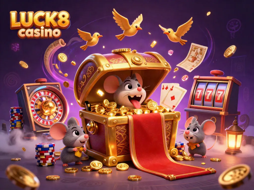 Engage in thrilling gameplay at LUCK8 casino with a whimsical treasure chest and dynamic casino elements.